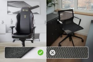 A mesh office chair and a cushioned office chair side by side.