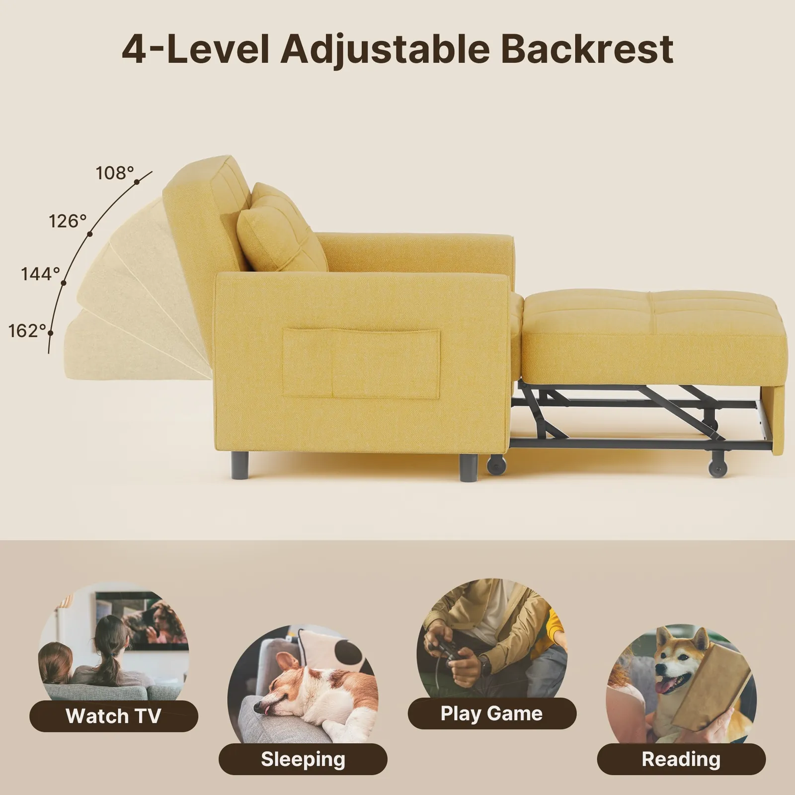 Metal sleeper chair frame showing torn fabric at stressed hinge point