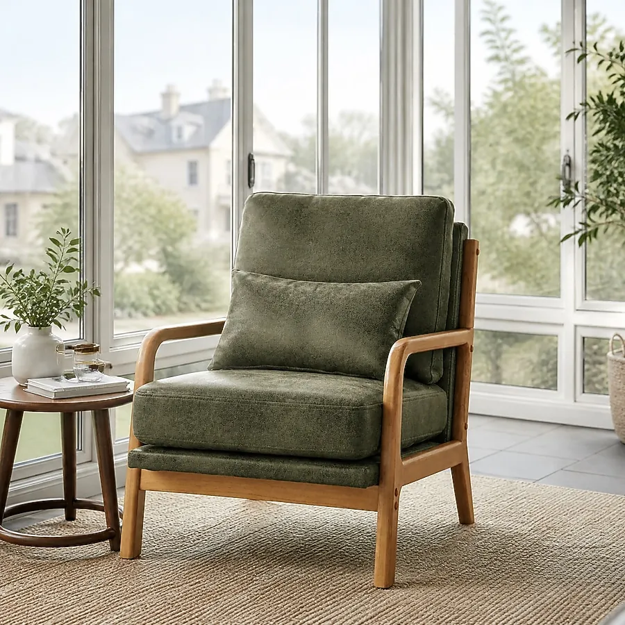 A mid-century modern armchair shown in a design studio while choosing furniture for a home.