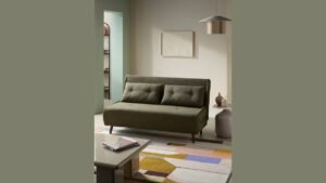 A modern chair bed displayed in a bright living room for a shopping guide.