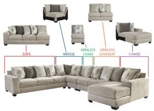 A modern chaise sectional sofa resting in a bright, spacious living room.