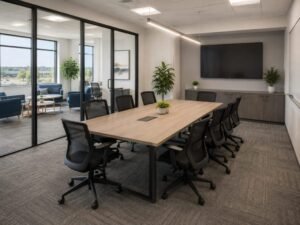 Modern conference room chairs arranged around a table in a professional office setting.