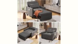 A modern convertible chair displayed in a bright and minimalist living room setting.