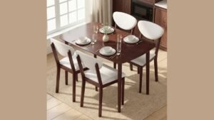 A modern dining table set for a meal in a bright, airy room.