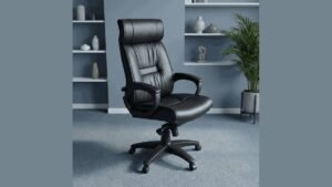 A modern ergonomic swivel chair stands in a bright, organized home office space.