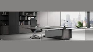 A modern home office workspace featuring sleek furniture and natural lighting.