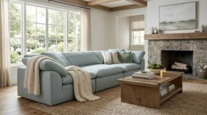 A modern L-shaped sectional couch sits centered in a bright contemporary living room.
