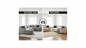 A modern living room comparing a large sectional sofa and a classic sofa.