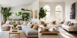 A modern living space comparing a standard sofa and a spacious sectional couch.