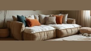 A modern sectional sofa sits in a bright, minimalist living room.