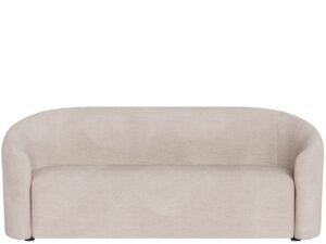A modern two seater chair sits in a bright and minimalist living room.