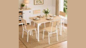 A modern wooden dining table centerpiece in a bright and spacious home interior.