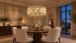 A modern wooden dining table stands in a bright, sunlit dining room.
