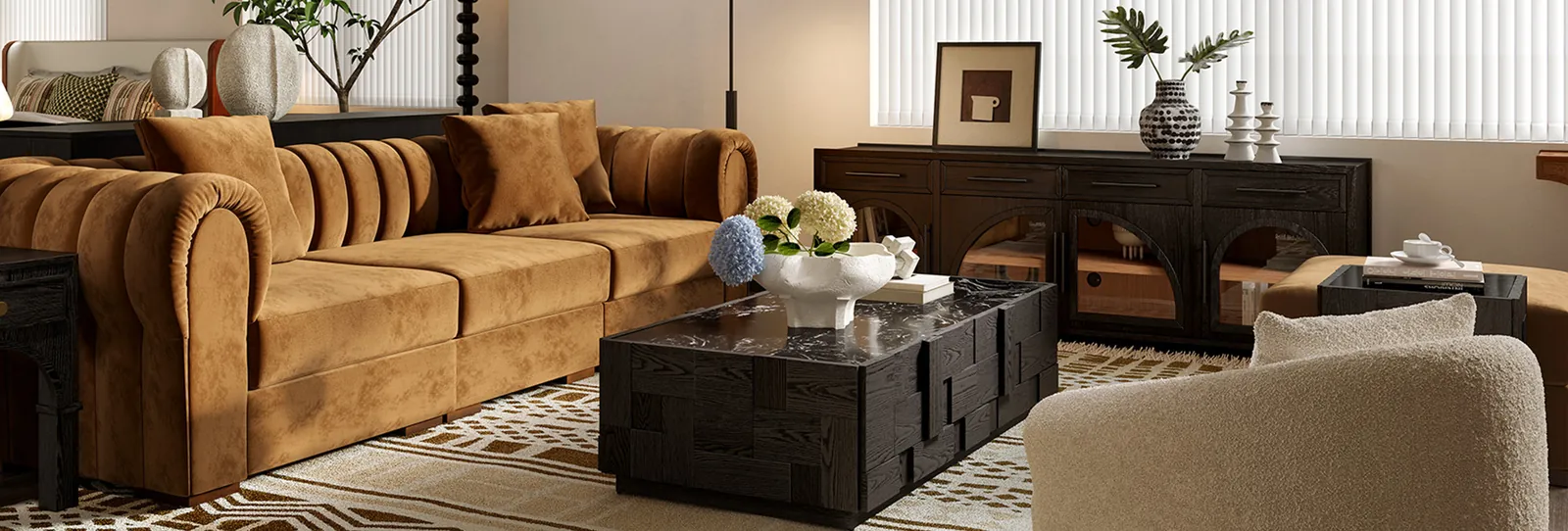 A modular couch is being assembled in a bright, modern living room.
