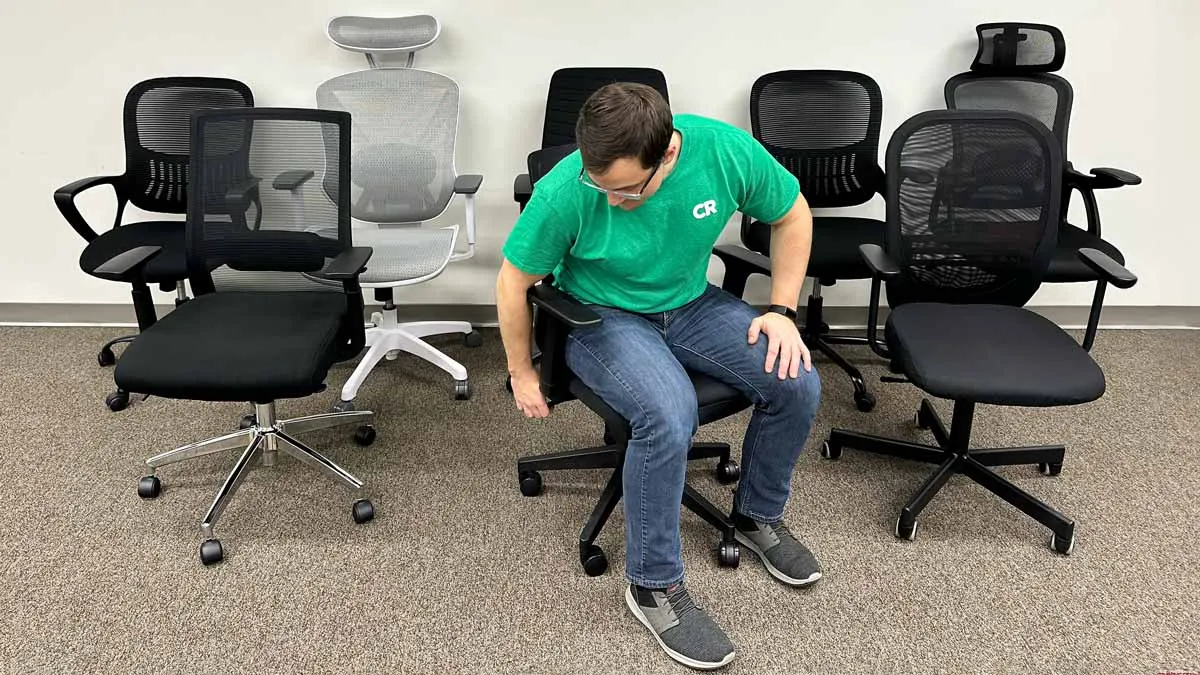 New versus refurbished ergonomic task chairs displayed side by side