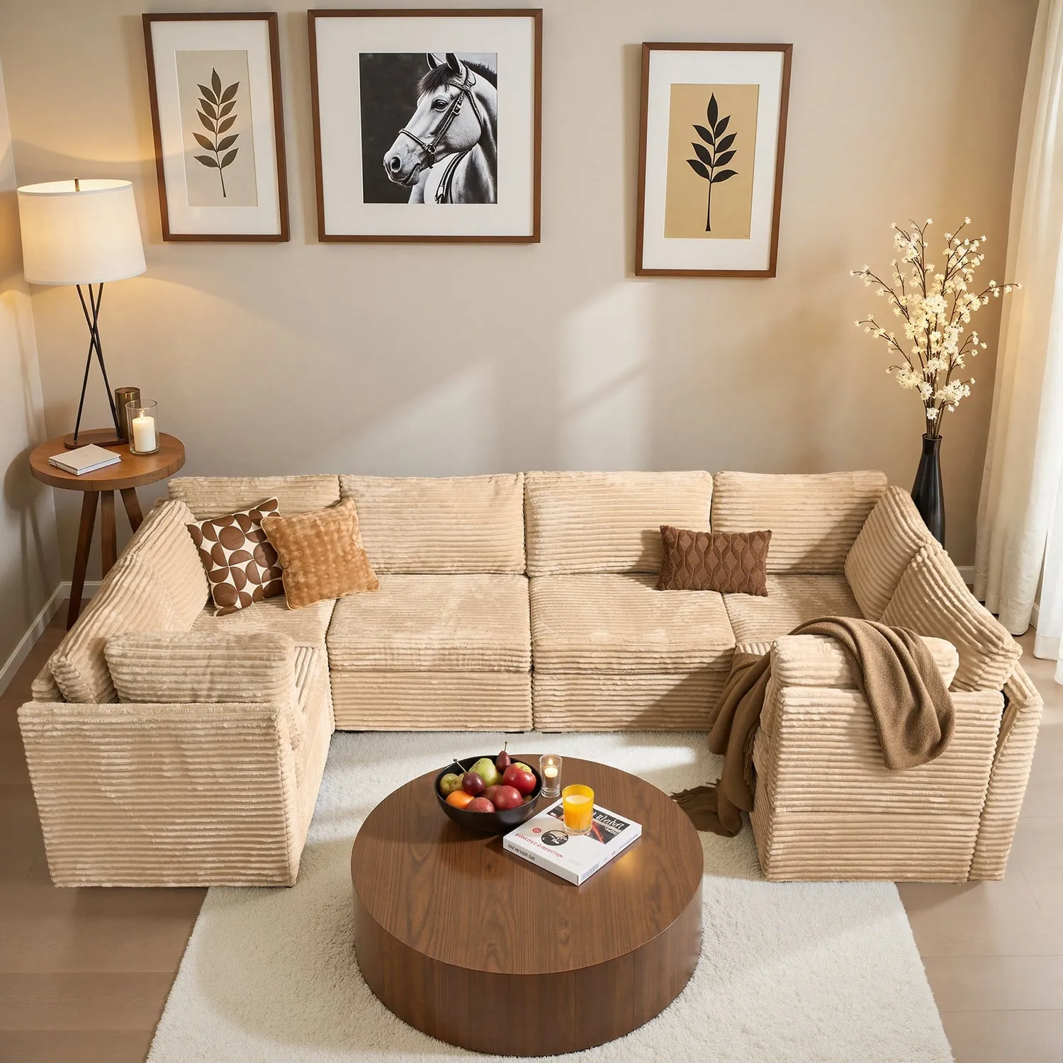 A newly delivered sofa set up in a bright, modern living room.