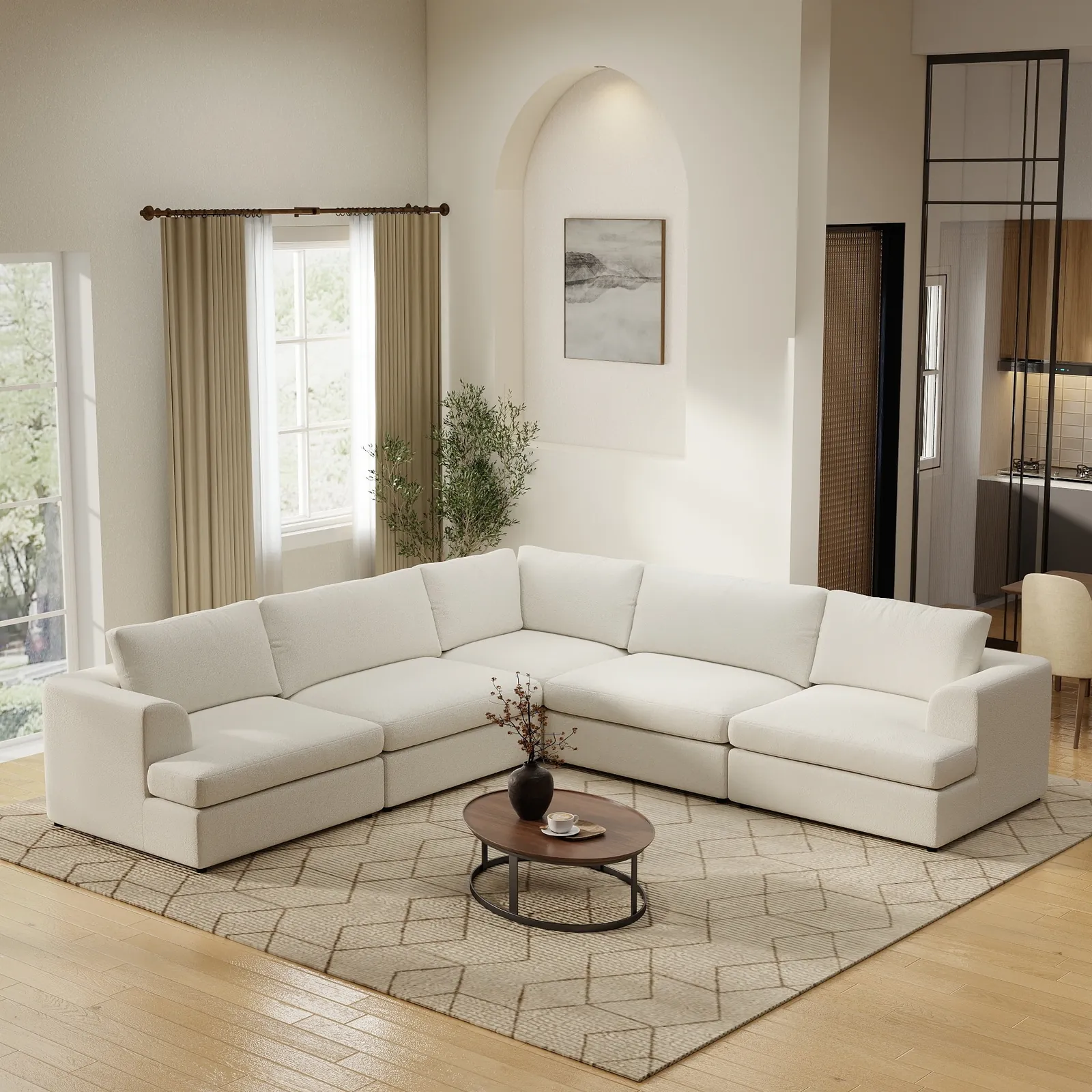 An oversized modular sectional couch creates a cramped layout in a small living room.