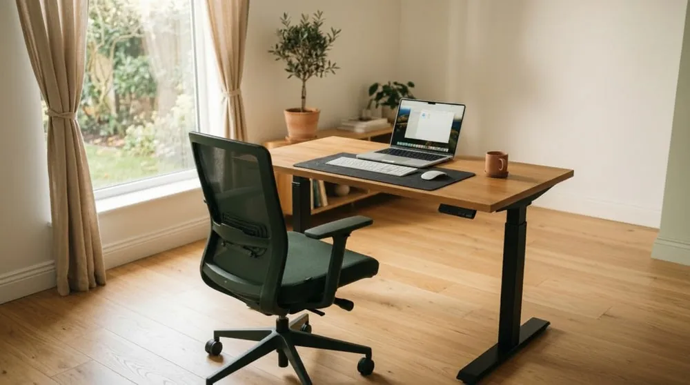 A person adjusts the seat height of an ergonomic desk chair in a bright office.
