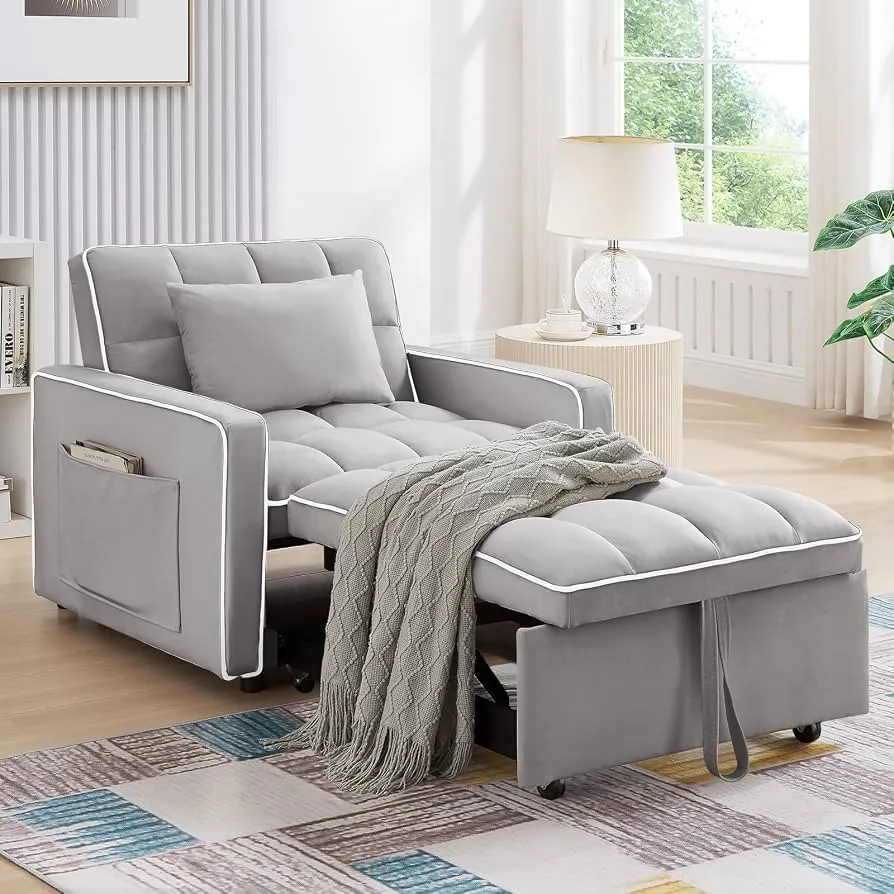 A person lifting a sleeper chair to avoid damaging the floor.