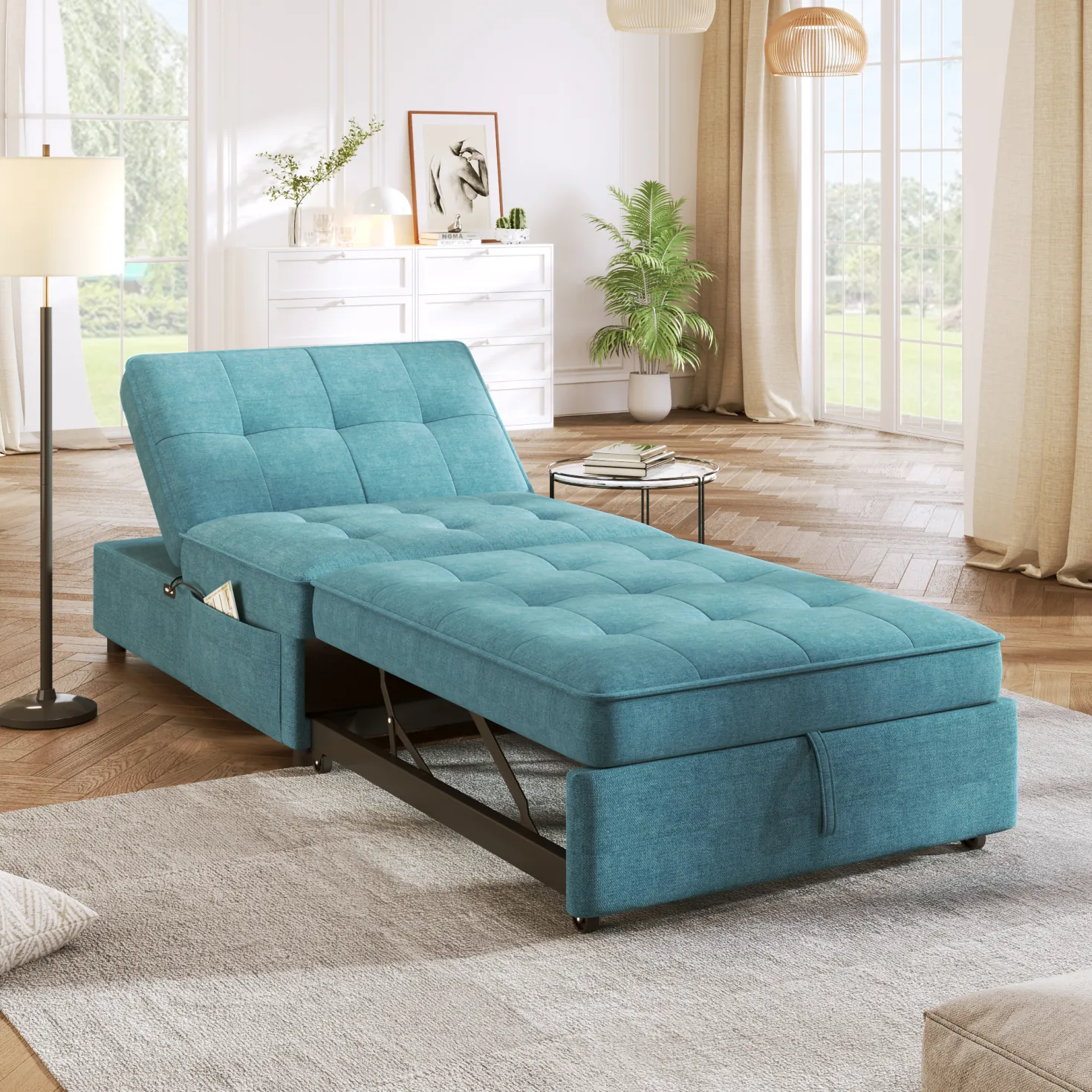 A person measuring a small room to select the right size sofa bed.