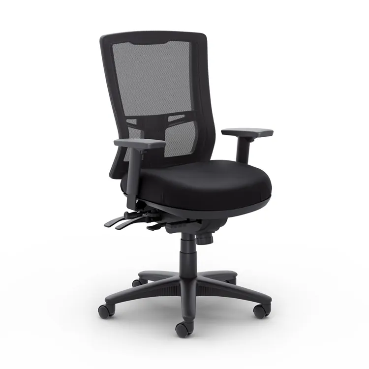 Person testing ergonomic office chair at local furniture retail store
