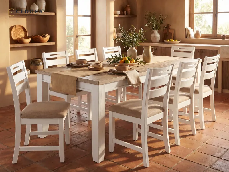 Round and rectangular dining tables placed in different room layouts.