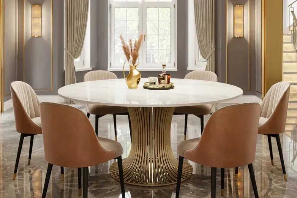 Samples of wood, glass, and metal surfaces for dining table selection.