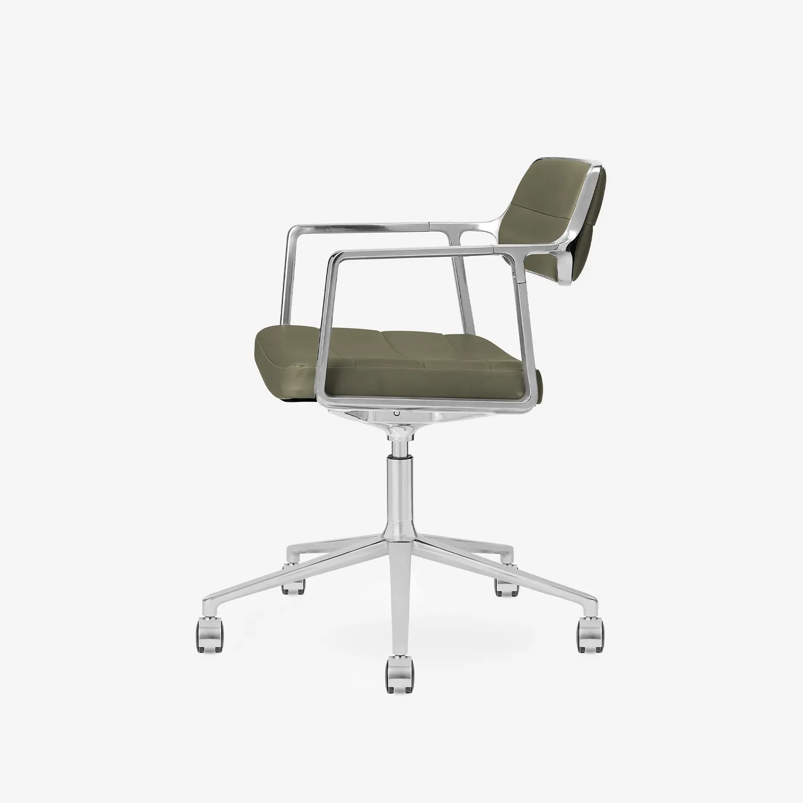 Several pre-owned office swivel chairs arranged neatly in a bright warehouse retail space.