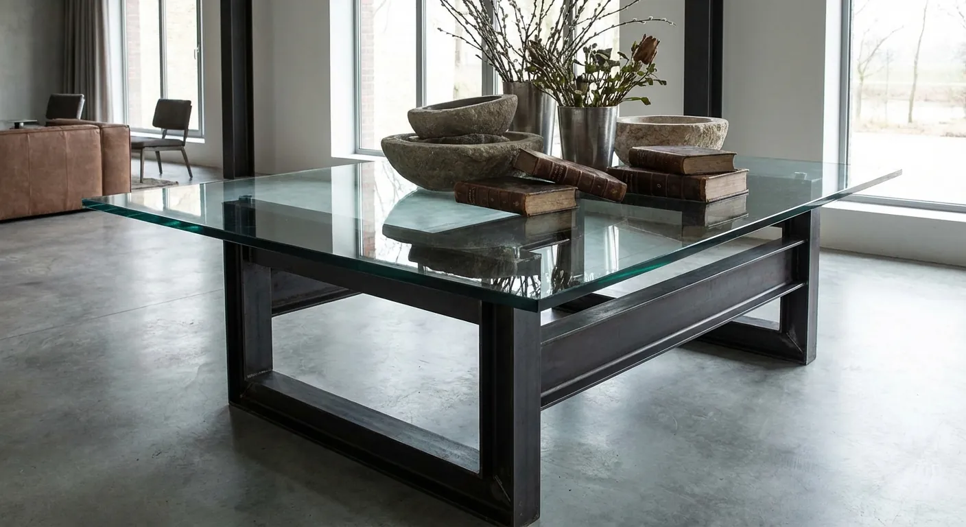 The side view of a dining table showing a slight dip in the center.
