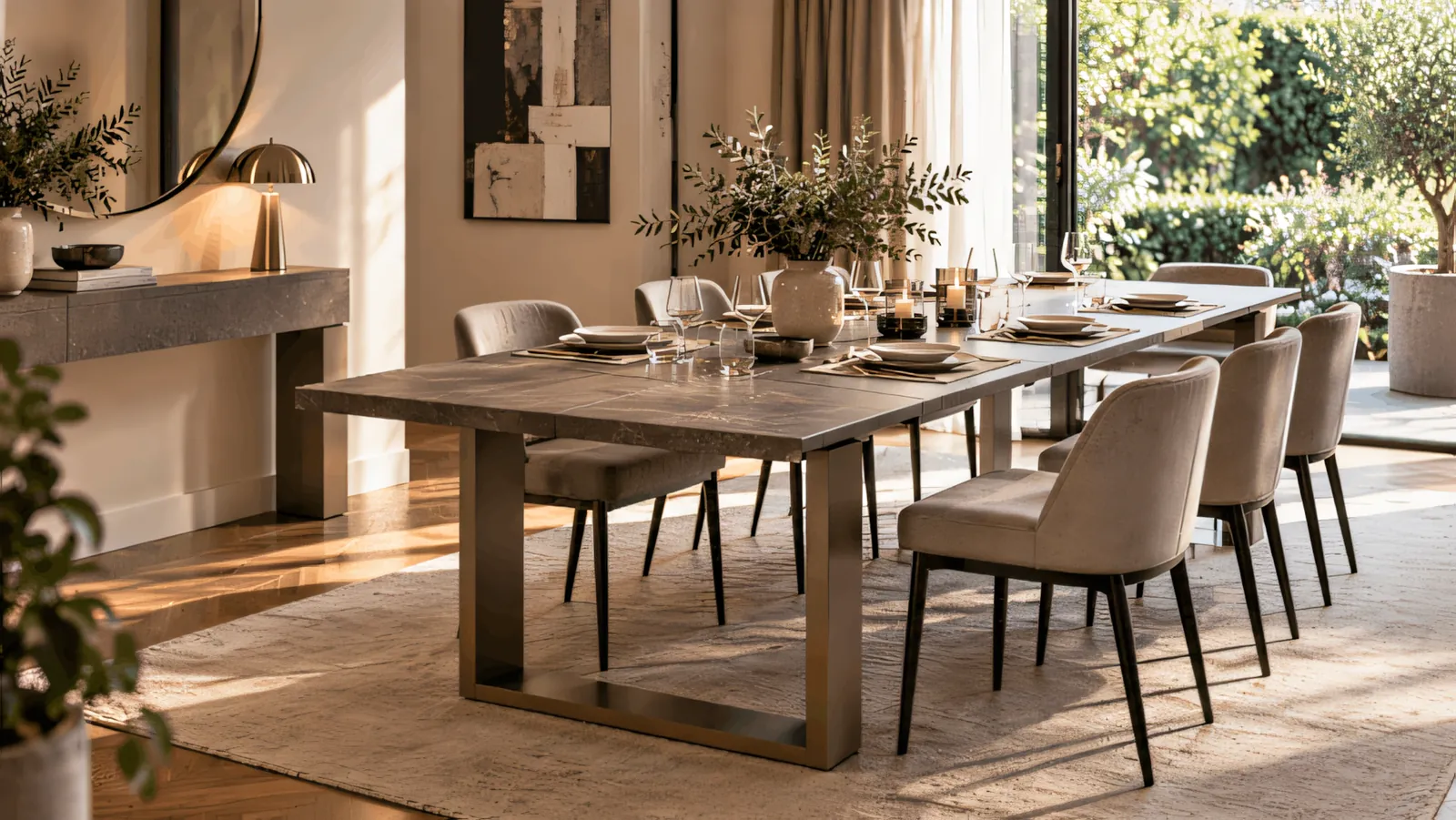A space-saving wall-mounted dining table in a small apartment dining area.