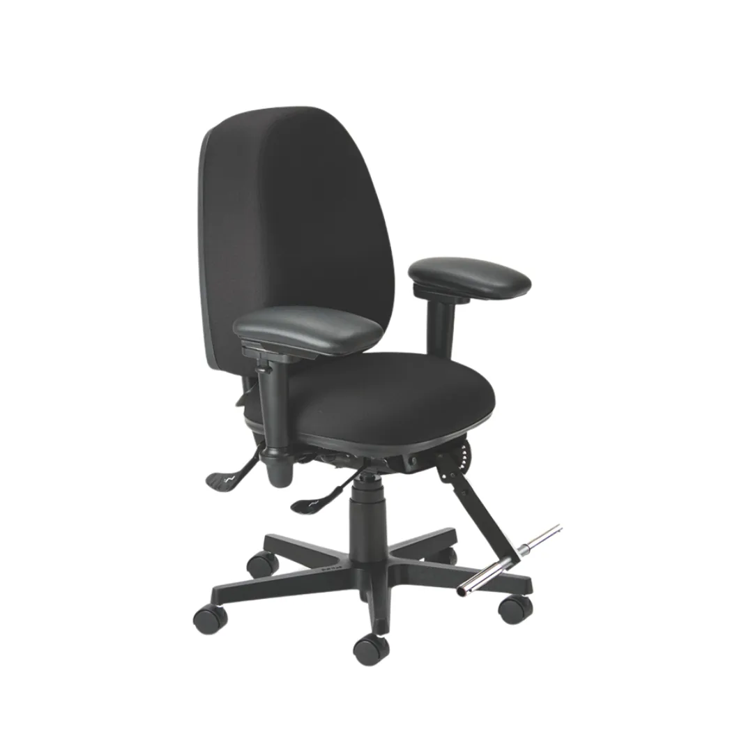 Specialist adjusting ergonomic office chair for a customer in showroom