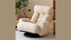 A stylish accent chair designed for small spaces in a bright modern apartment.
