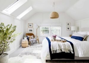 A stylish bedroom featuring a cozy armchair designed for relaxation and comfort.
