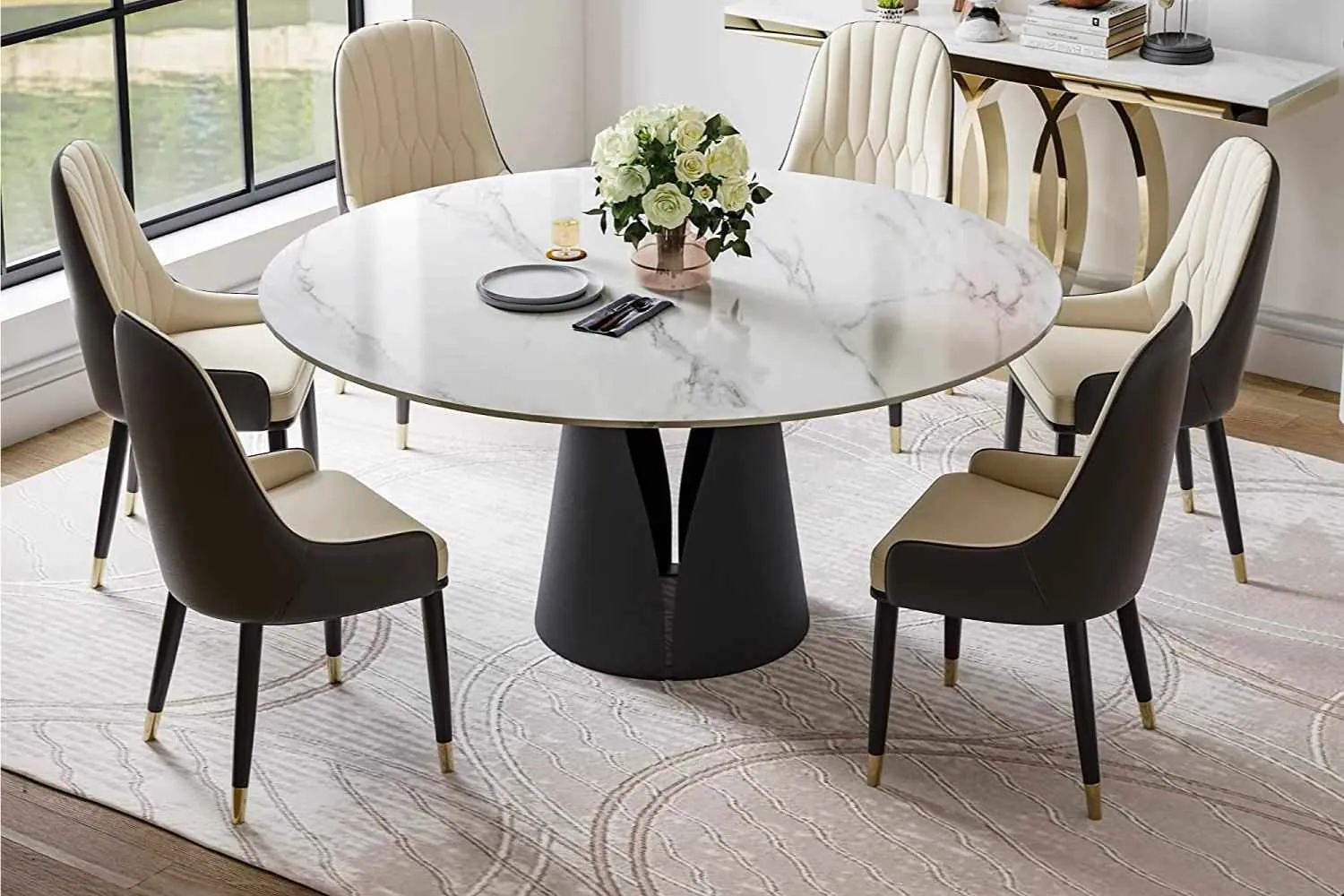 Tall counter-height wooden stools placed beside a high rustic dining table.