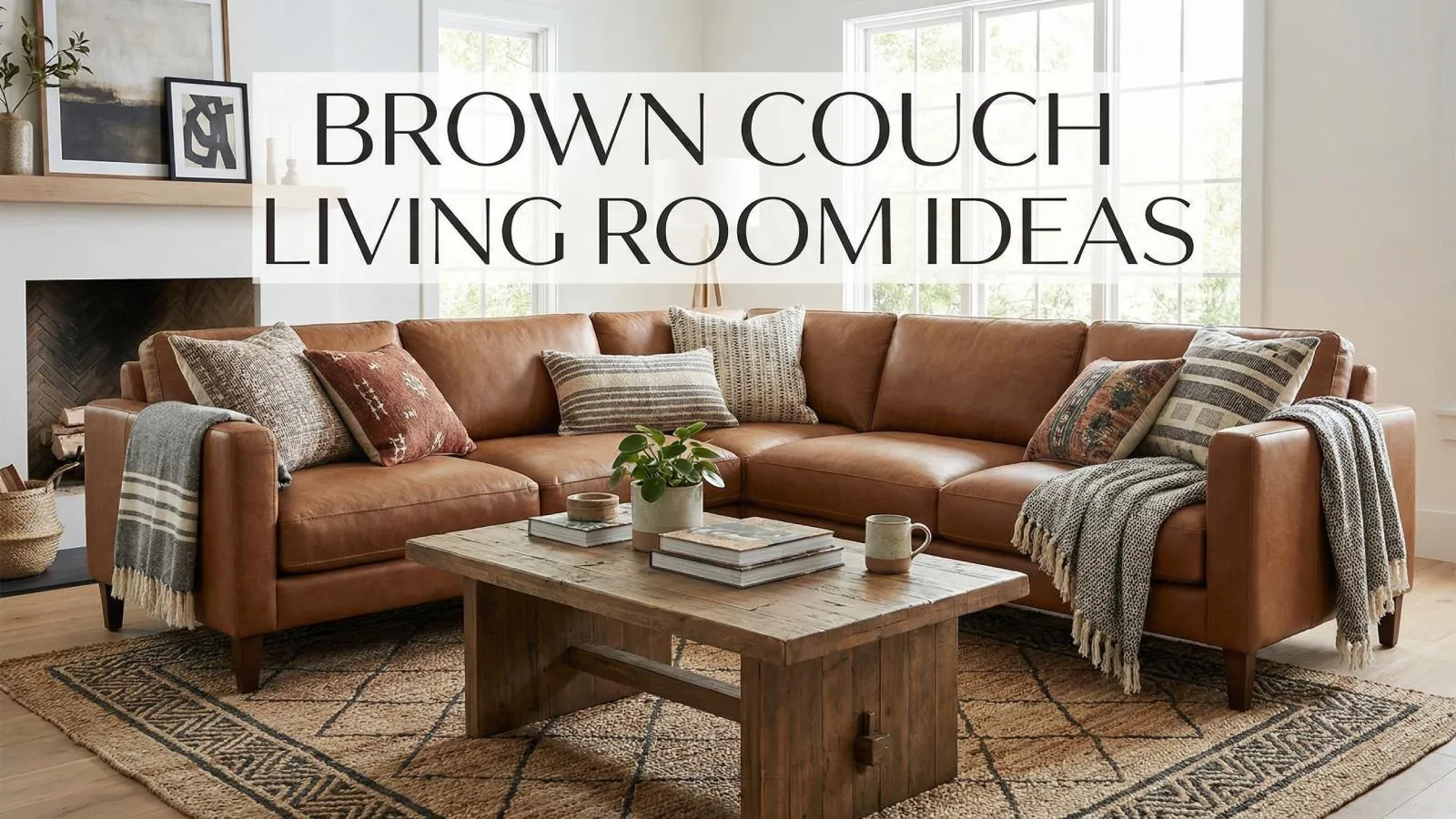 Textured cream pillows and a knit throw blanket on a brown couch.