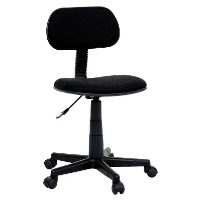 Three affordable office chairs lined up on a warehouse store floor.