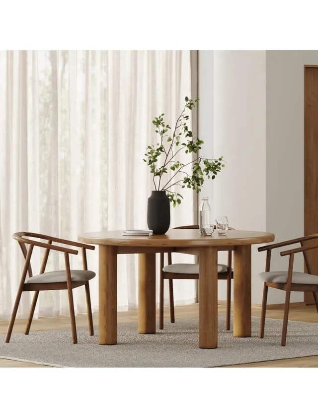 Three different styles of dining tables showcasing varying material quality and price points.