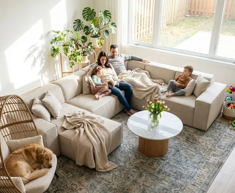 An upholstery tool vacuums the corner of a clean fabric sectional sofa.