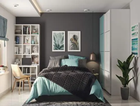 Various space-saving seating options displayed in a modern, organized small bedroom.