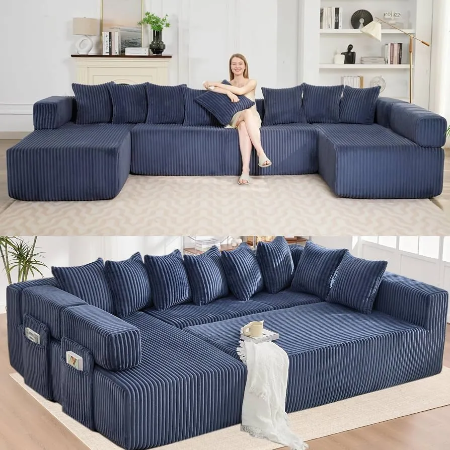 Wide furniture cups under a sectional leg protect the hardwood floor surface.
