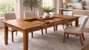 A wooden dining table being carefully covered with moving blankets for safe storage.