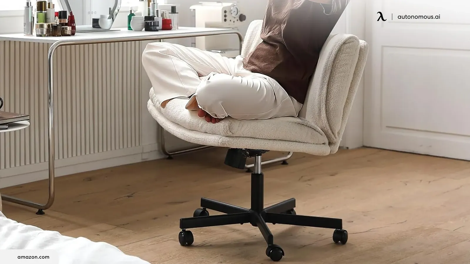 A wooden kneeling chair with padded shin rests placed on a woven rug.